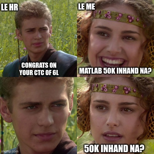 Anakin Padme 4 Panel | LE HR; LE ME; CONGRATS ON YOUR CTC OF 6L; MATLAB 50K INHAND NA? 50K INHAND NA? | image tagged in anakin padme 4 panel | made w/ Imgflip meme maker