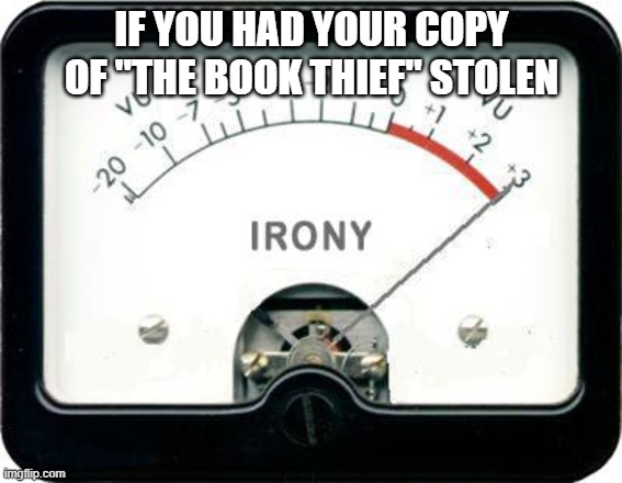 Irony Meter |  IF YOU HAD YOUR COPY OF "THE BOOK THIEF" STOLEN | image tagged in irony meter | made w/ Imgflip meme maker