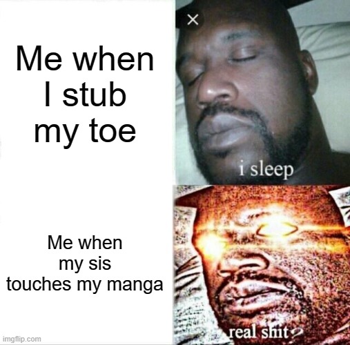 dont touch mah manga | Me when I stub my toe; Me when my sis touches my manga | image tagged in memes,sleeping shaq | made w/ Imgflip meme maker