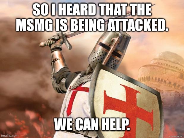 crusader | SO I HEARD THAT THE MSMG IS BEING ATTACKED. WE CAN HELP. | image tagged in crusader | made w/ Imgflip meme maker