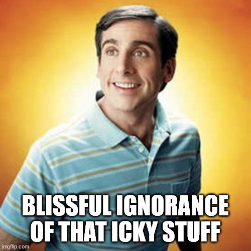 40 year old virgin | BLISSFUL IGNORANCE OF THAT ICKY STUFF | image tagged in 40 year old virgin | made w/ Imgflip meme maker