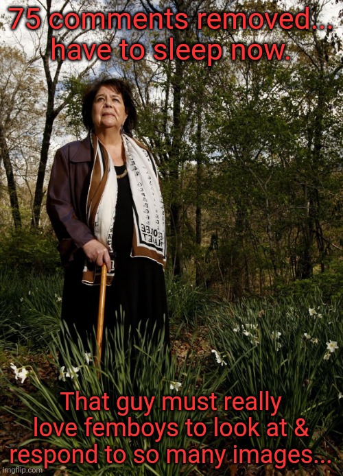 Wilma Mankiller | 75 comments removed... have to sleep now. That guy must really love femboys to look at & respond to so many images... | image tagged in wilma mankiller | made w/ Imgflip meme maker