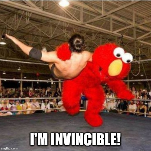 Elmo wrestling | I'M INVINCIBLE! | image tagged in elmo wrestling | made w/ Imgflip meme maker