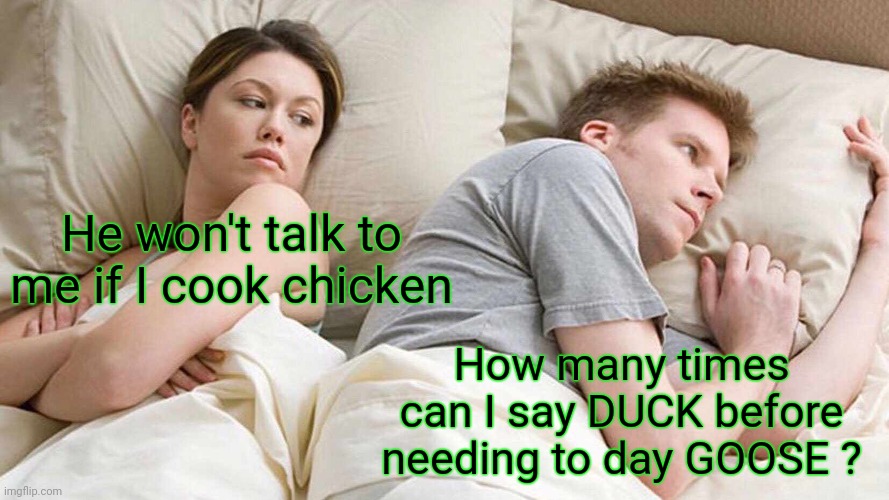 My Thoughts Exactly | He won't talk to me if I cook chicken; How many times can I say DUCK before needing to day GOOSE ? | image tagged in memes,i bet he's thinking about other women | made w/ Imgflip meme maker