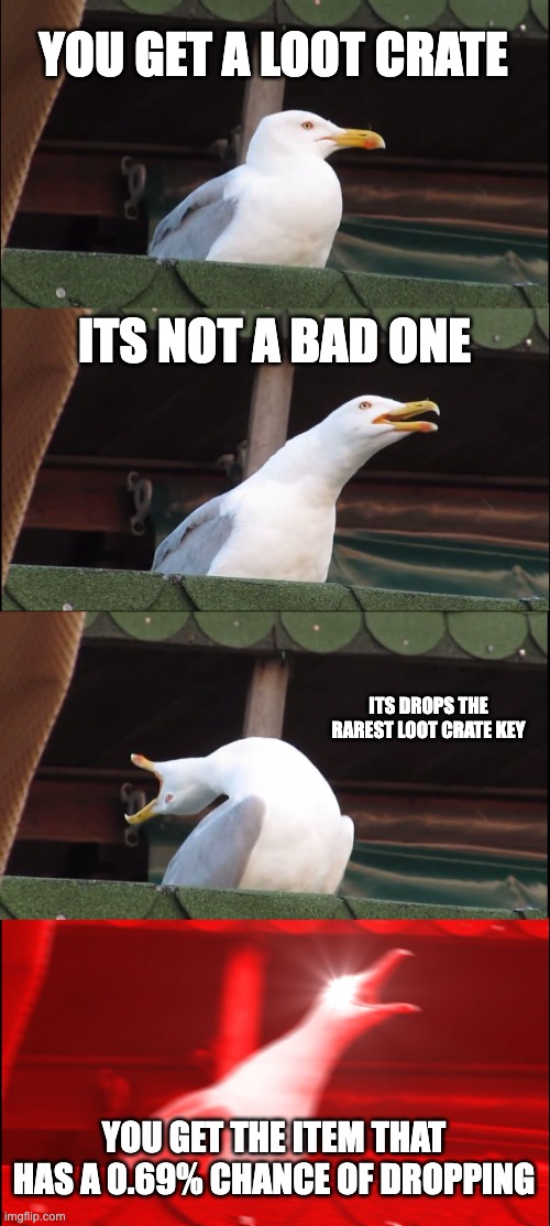 Inhaling Seagull Meme | YOU GET A LOOT CRATE; ITS NOT A BAD ONE; ITS DROPS THE RAREST LOOT CRATE KEY; YOU GET THE ITEM THAT HAS A 0.69% CHANCE OF DROPPING | image tagged in memes,inhaling seagull | made w/ Imgflip meme maker