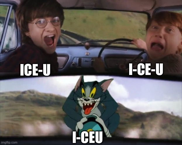 @iceu. |  I-CE-U; ICE-U; I-CEU | image tagged in tom chasing harry and ron weasly | made w/ Imgflip meme maker