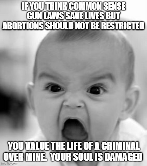 I didn't do a thing to Row or Wade | IF YOU THINK COMMON SENSE GUN LAWS SAVE LIVES BUT ABORTIONS SHOULD NOT BE RESTRICTED; YOU VALUE THE LIFE OF A CRIMINAL OVER MINE.  YOUR SOUL IS DAMAGED | image tagged in memes,angry baby,row vs wade,abortion is murder,save lives abort progressives,your soul is damaged | made w/ Imgflip meme maker