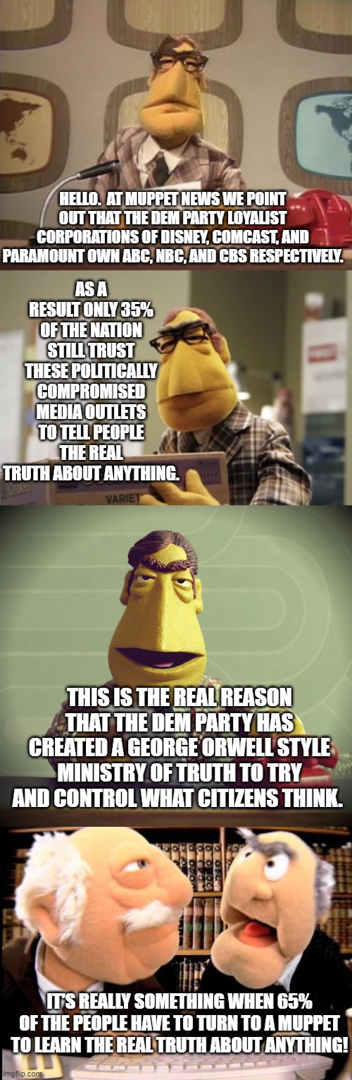 The truly sad thing is that all of this is real. | AS A RESULT ONLY 35% OF THE NATION STILL TRUST THESE POLITICALLY COMPROMISED MEDIA OUTLETS TO TELL PEOPLE THE REAL TRUTH ABOUT ANYTHING. HELLO.  AT MUPPET NEWS WE POINT OUT THAT THE DEM PARTY LOYALIST CORPORATIONS OF DISNEY, COMCAST, AND PARAMOUNT OWN ABC, NBC, AND CBS RESPECTIVELY. THIS IS THE REAL REASON THAT THE DEM PARTY HAS CREATED A GEORGE ORWELL STYLE MINISTRY OF TRUTH TO TRY AND CONTROL WHAT CITIZENS THINK. IT'S REALLY SOMETHING WHEN 65% OF THE PEOPLE HAVE TO TURN TO A MUPPET TO LEARN THE REAL TRUTH ABOUT ANYTHING! | image tagged in muppet news | made w/ Imgflip meme maker