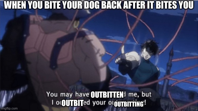 You may have outbitten me |  WHEN YOU BITE YOUR DOG BACK AFTER IT BITES YOU; OUTBITTEN; OUTBITTING; OUTBIT | image tagged in you may have outsmarted me but i outsmarted your understanding,funny dogs,jojo | made w/ Imgflip meme maker
