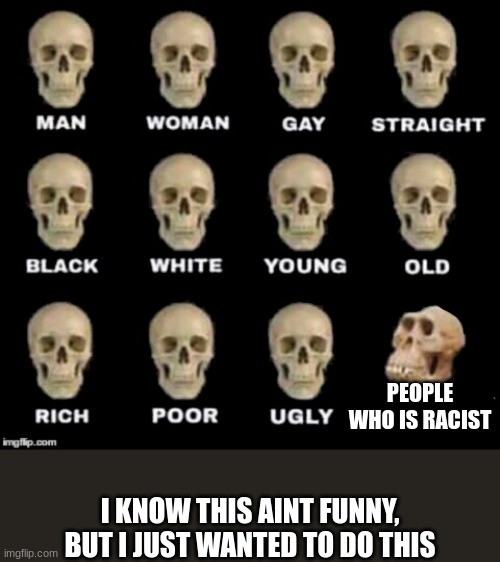 spred love not hate. | PEOPLE WHO IS RACIST; I KNOW THIS AINT FUNNY, BUT I JUST WANTED TO DO THIS | image tagged in idiot skull,racism,blm,stop upvote begging,damn i made a tag | made w/ Imgflip meme maker