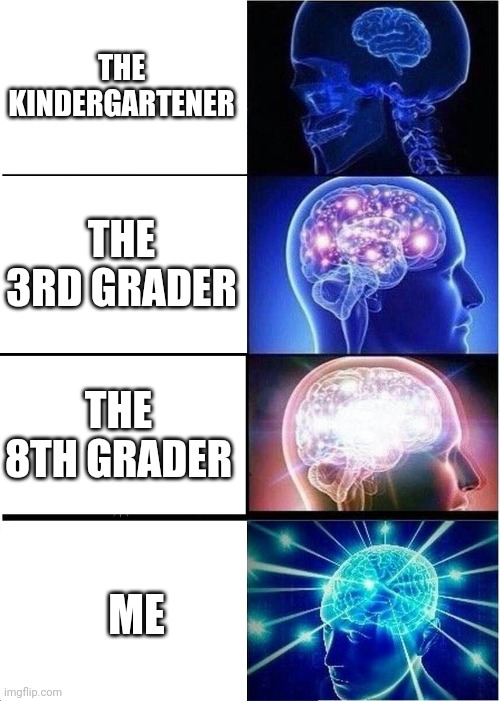 Sorry if this affends some of you | THE KINDERGARTENER; THE 3RD GRADER; THE 8TH GRADER; ME | image tagged in memes | made w/ Imgflip meme maker