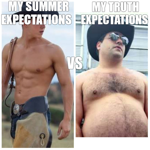 THE GYM | MY SUMMER EXPECTATIONS; MY TRUTH EXPECTATIONS; VS | image tagged in cowboy expectation vs reality | made w/ Imgflip meme maker