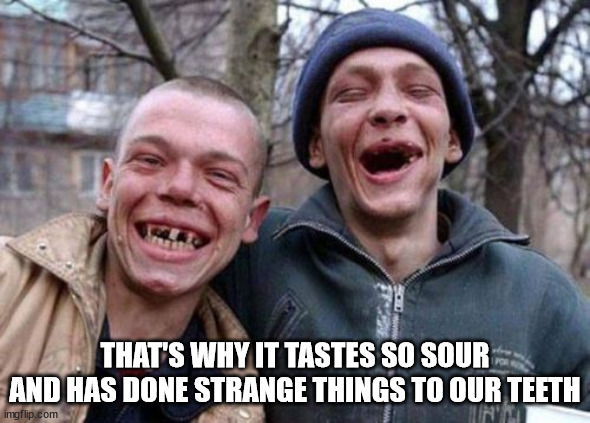 Ugly Twins Meme | THAT'S WHY IT TASTES SO SOUR AND HAS DONE STRANGE THINGS TO OUR TEETH | image tagged in memes,ugly twins | made w/ Imgflip meme maker