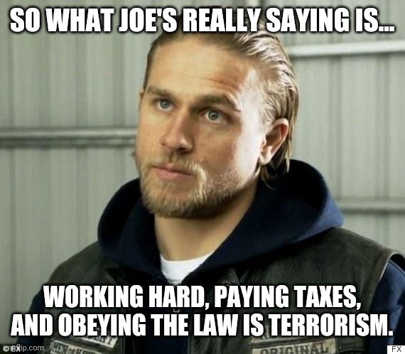 Oh that's what he means. | SO WHAT JOE'S REALLY SAYING IS... WORKING HARD, PAYING TAXES, AND OBEYING THE LAW IS TERRORISM. | image tagged in concerned jax | made w/ Imgflip meme maker