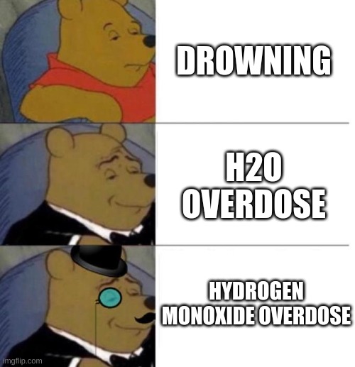 Drowning in Fancy | DROWNING; H2O OVERDOSE; HYDROGEN MONOXIDE OVERDOSE | image tagged in tuxedo winnie the pooh 3 panel | made w/ Imgflip meme maker