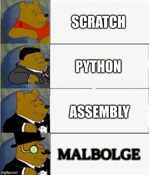 Coding Languages | SCRATCH; PYTHON; ASSEMBLY; MALBOLGE | image tagged in tuxedo winnie the pooh 4 panel | made w/ Imgflip meme maker