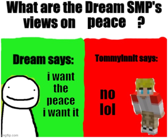 They don't agree | peace; i want the peace i want it; no lol | image tagged in dream smp views,dreamsmp | made w/ Imgflip meme maker