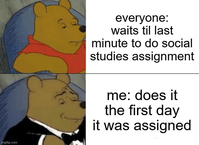 Tuxedo Winnie The Pooh | everyone: waits til last minute to do social studies assignment; me: does it the first day it was assigned | image tagged in memes,tuxedo winnie the pooh | made w/ Imgflip meme maker