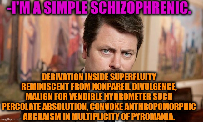 -Catching fun. | -I'M A SIMPLE SCHIZOPHRENIC. DERIVATION INSIDE SUPERFLUITY REMINISCENT FROM NONPAREIL DIVULGENCE, MALIGN FOR VENDIBLE HYDROMETER SUCH PERCOLATE ABSOLUTION, CONVOKE ANTHROPOMORPHIC ARCHAISM IN MULTIPLICITY OF PYROMANIA. | image tagged in i'm a simple man,ron swanson,mental illness,schizophrenia,psychiatrist,visit | made w/ Imgflip meme maker