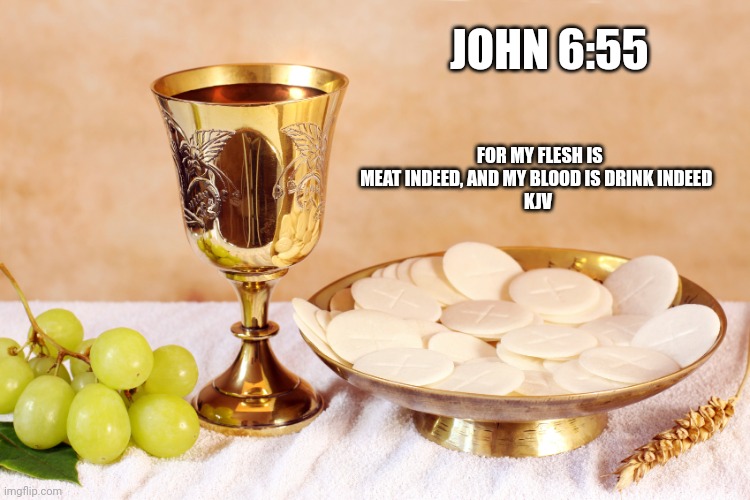 Eucharist | JOHN 6:55; FOR MY FLESH IS MEAT INDEED, AND MY BLOOD IS DRINK INDEED 
KJV | image tagged in catholic,god,love,christian,meal,food | made w/ Imgflip meme maker