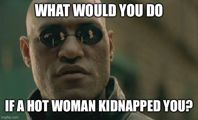 What would you do |  WHAT WOULD YOU DO; IF A HOT WOMAN KIDNAPPED YOU? | image tagged in memes,matrix morpheus,hot,woman,kidnapping | made w/ Imgflip meme maker