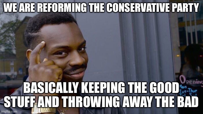 I think we can make Conservative Party great again! | WE ARE REFORMING THE CONSERVATIVE PARTY; BASICALLY KEEPING THE GOOD STUFF AND THROWING AWAY THE BAD | image tagged in make,conservative,party,great,again,boi | made w/ Imgflip meme maker