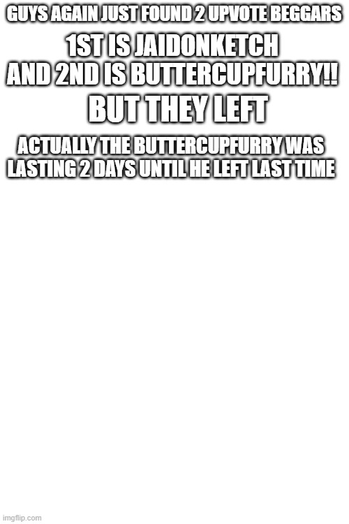 buttercup furry lasted longer than jaidonketch | GUYS AGAIN JUST FOUND 2 UPVOTE BEGGARS; 1ST IS JAIDONKETCH AND 2ND IS BUTTERCUPFURRY!! BUT THEY LEFT; ACTUALLY THE BUTTERCUPFURRY WAS LASTING 2 DAYS UNTIL HE LEFT LAST TIME | image tagged in blank white template | made w/ Imgflip meme maker