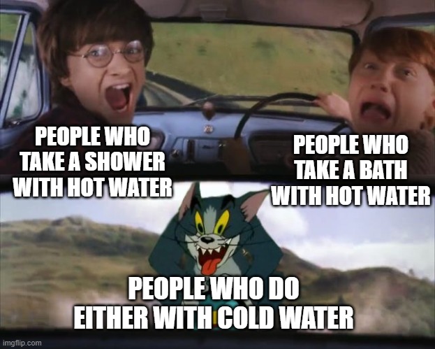 Who actually bathes with cold water? |  PEOPLE WHO TAKE A SHOWER WITH HOT WATER; PEOPLE WHO TAKE A BATH WITH HOT WATER; PEOPLE WHO DO EITHER WITH COLD WATER | image tagged in tom chasing harry and ron weasly,memes,cold,water,shower,bath | made w/ Imgflip meme maker