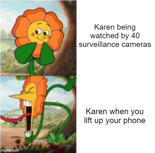 I know my rights! | Karen being watched by 40 surveillance cameras; Karen when you lift up your phone | image tagged in reverse cuphead flower | made w/ Imgflip meme maker