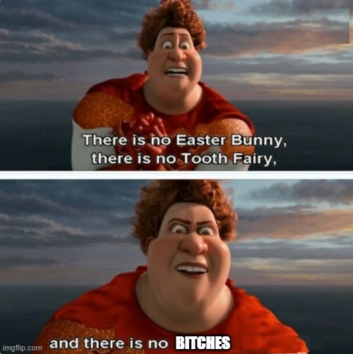 TIGHTEN MEGAMIND "THERE IS NO EASTER BUNNY" | BITCHES | image tagged in tighten megamind there is no easter bunny | made w/ Imgflip meme maker