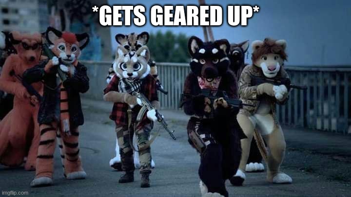 Furry Army | *GETS GEARED UP* | image tagged in furry army | made w/ Imgflip meme maker