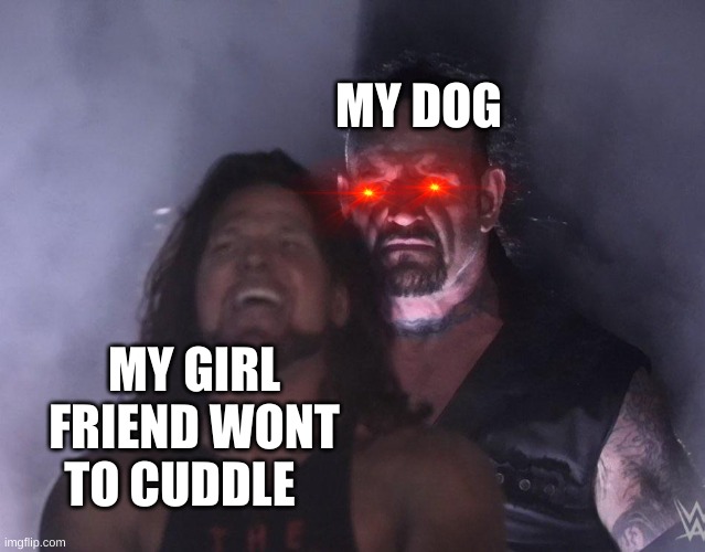 undertaker | MY DOG; MY GIRL FRIEND WONT TO CUDDLE | image tagged in undertaker | made w/ Imgflip meme maker