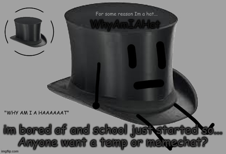 Hat announcement temp | im bored af and school just started so...
Anyone want a temp or memechat? | image tagged in hat announcement temp | made w/ Imgflip meme maker
