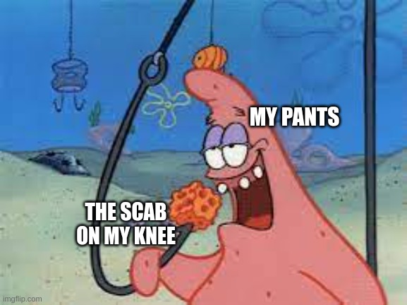 Funny meme | MY PANTS; THE SCAB ON MY KNEE | image tagged in patrick star | made w/ Imgflip meme maker