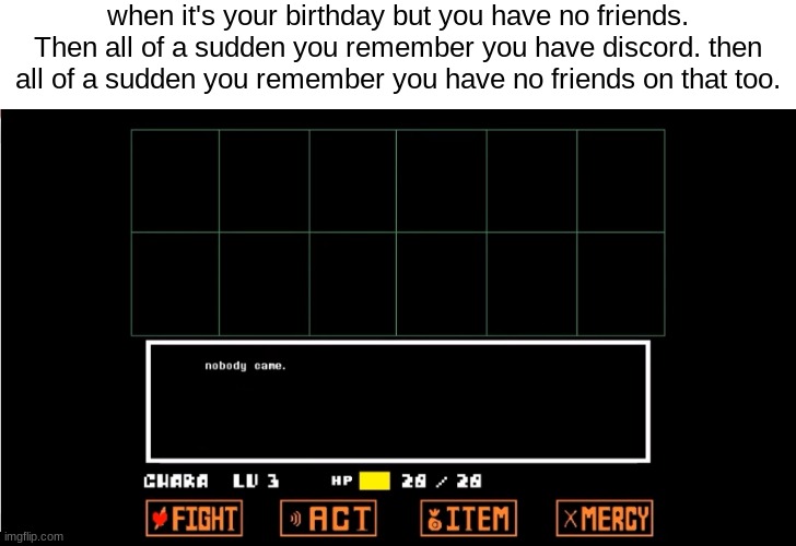 It's my birthday tomorrow btw. | when it's your birthday but you have no friends. Then all of a sudden you remember you have discord. then all of a sudden you remember you have no friends on that too. | image tagged in but nobody came,sadd | made w/ Imgflip meme maker