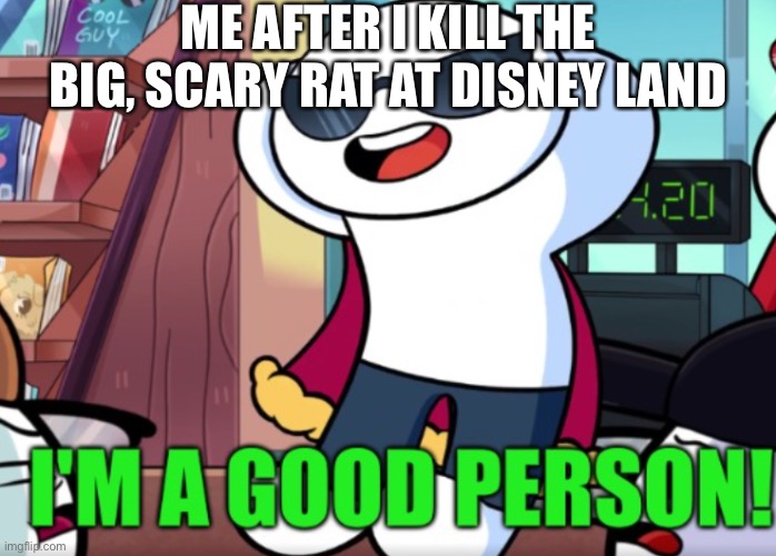 The land is saved | ME AFTER I KILL THE BIG, SCARY RAT AT DISNEY LAND | image tagged in im a good person,mickey mouse | made w/ Imgflip meme maker