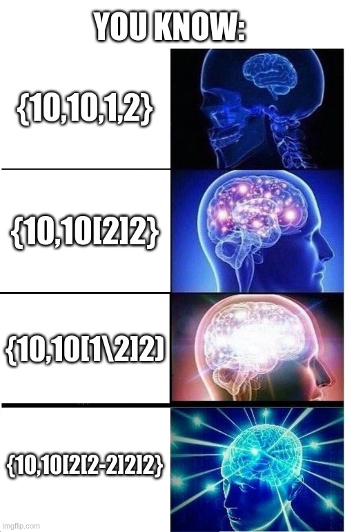 BEAF/BAN | YOU KNOW:; {10,10,1,2}; {10,10[2]2}; {10,10[1\2]2); {10,10[2[2-2]2]2} | image tagged in memes,expanding brain | made w/ Imgflip meme maker