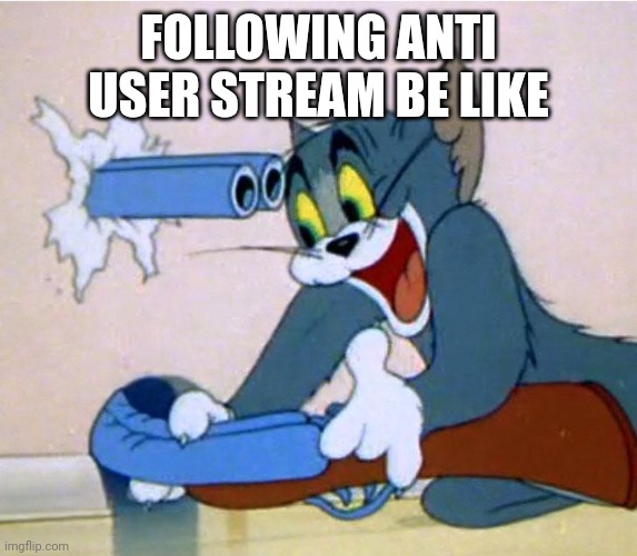 Tom Shooting himself by accident | FOLLOWING ANTI USER STREAM BE LIKE | image tagged in tom shooting himself by accident | made w/ Imgflip meme maker