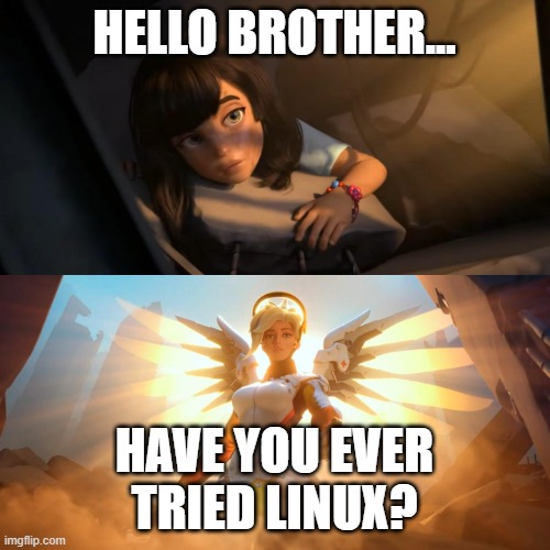 HELLO BROTHER... HAVE YOU EVER TRIED LINUX? | image tagged in overwatch mercy meme | made w/ Imgflip meme maker