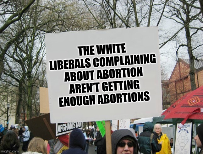 Blank protest sign | THE WHITE LIBERALS COMPLAINING ABOUT ABORTION AREN’T GETTING ENOUGH ABORTIONS | image tagged in blank protest sign | made w/ Imgflip meme maker