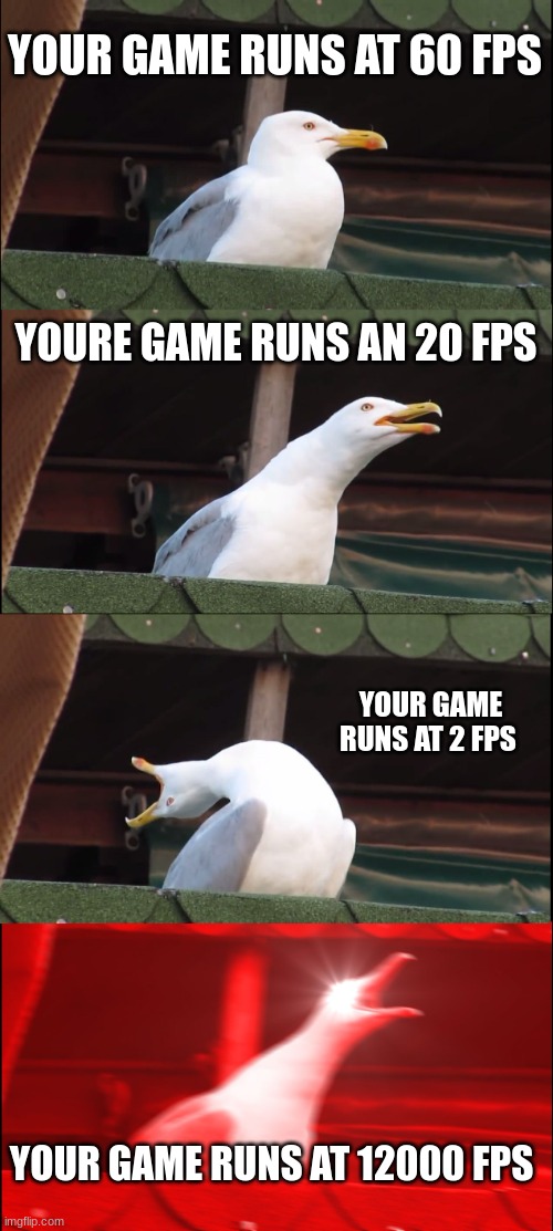 Inhaling Seagull | YOUR GAME RUNS AT 60 FPS; YOUR GAME RUNS AT 20 FPS; YOUR GAME RUNS AT 2 FPS; YOUR GAME RUNS AT 12000 FPS | image tagged in memes,inhaling seagull | made w/ Imgflip meme maker