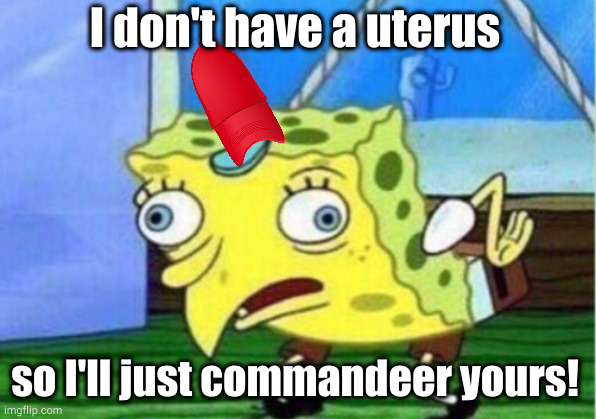 A sponge is less porous than pro-lifer logic |  I don't have a uterus; so I'll just commandeer yours! | image tagged in memes,mocking spongebob | made w/ Imgflip meme maker