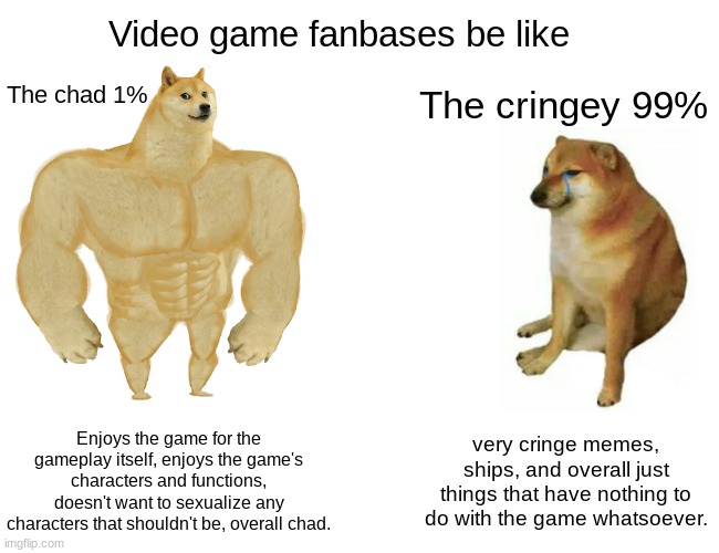 Basically, Undertale's fanbase. | Video game fanbases be like; The chad 1%; The cringey 99%; Enjoys the game for the gameplay itself, enjoys the game's characters and functions, doesn't want to sexualize any characters that shouldn't be, overall chad. very cringe memes, ships, and overall just things that have nothing to do with the game whatsoever. | image tagged in memes,buff doge vs cheems | made w/ Imgflip meme maker