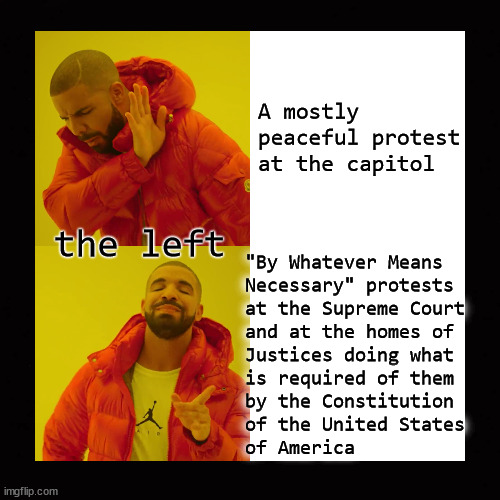 A mostly peaceful protest at the capitol |  A mostly peaceful protest at the capitol; the left; "By Whatever Means
Necessary" protests
at the Supreme Court
and at the homes of 
Justices doing what 
is required of them 
by the Constitution 
of the United States 
of America | image tagged in roe v wade,supreme court | made w/ Imgflip meme maker