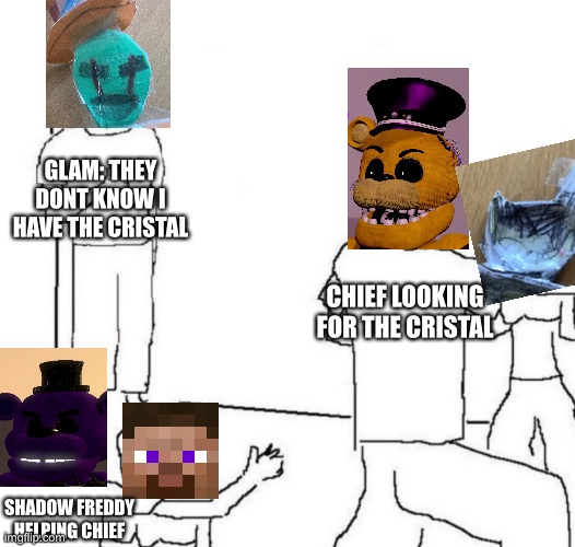 Sneak:100 | GLAM: THEY DONT KNOW I HAVE THE CRISTAL; CHIEF LOOKING FOR THE CRISTAL; SHADOW FREDDY HELPING CHIEF | image tagged in party loner,memes | made w/ Imgflip meme maker