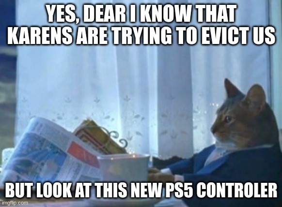 Cat | YES, DEAR I KNOW THAT KARENS ARE TRYING TO EVICT US; BUT LOOK AT THIS NEW PS5 CONTROLER | image tagged in memes,i should buy a boat cat,ps5,karens | made w/ Imgflip meme maker