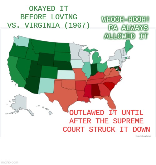 States' rights? How does YOUR state feel about interracial marriage? | OKAYED IT BEFORE LOVING VS. VIRGINIA (1967); WHOOH-HOOH! 
PA ALWAYS ALLOWED IT; OUTLAWED IT UNTIL AFTER THE SUPREME COURT STRUCK IT DOWN | image tagged in united states,interracial couple,marriage,freedom,human rights,history | made w/ Imgflip meme maker