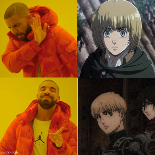 Armin not v hot | image tagged in memes,drake hotline bling | made w/ Imgflip meme maker