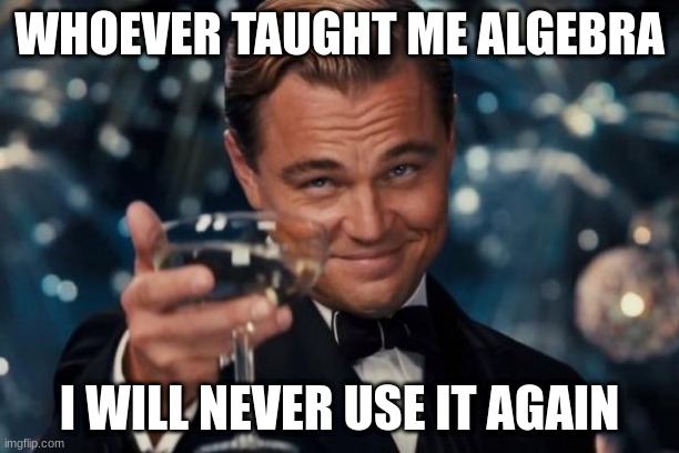 No to math | WHOEVER TAUGHT ME ALGEBRA; I WILL NEVER USE IT AGAIN | image tagged in memes,leonardo dicaprio cheers | made w/ Imgflip meme maker