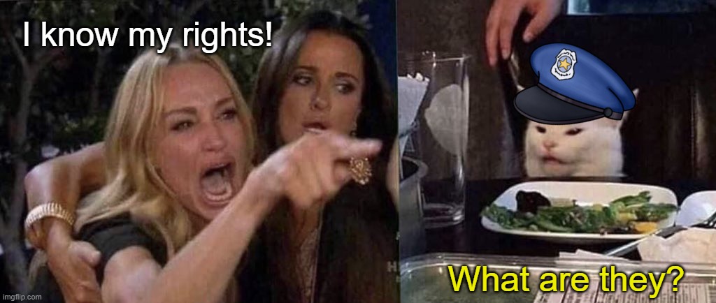 I don't have to answer that | I know my rights! What are they? | image tagged in woman yelling at cat | made w/ Imgflip meme maker
